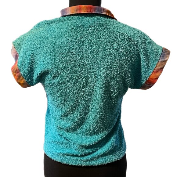 Fab 1970s terry cloth button-up top with plaid trim - Picture 2 of 4